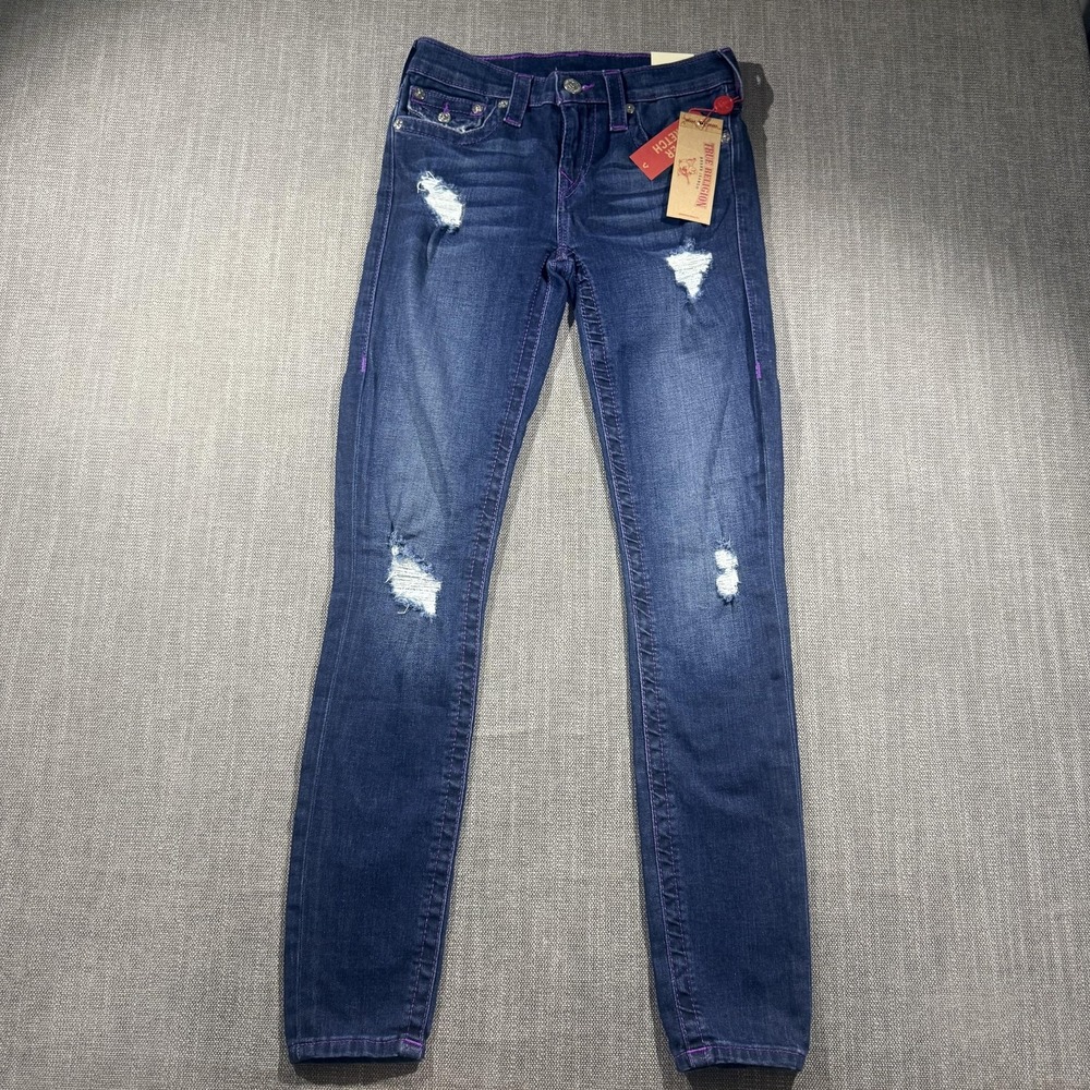 True Religion Section Super Skinny Jeans Womens 27 Blue Distressed Neon Stitch
